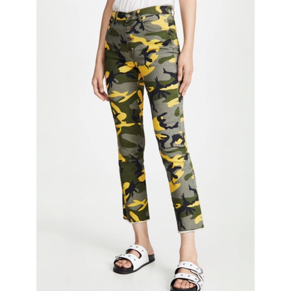 PAM & GELA Camo Jeans Size 28 Yellow Green Exposed Button Fly Kick Flare Raw Hem